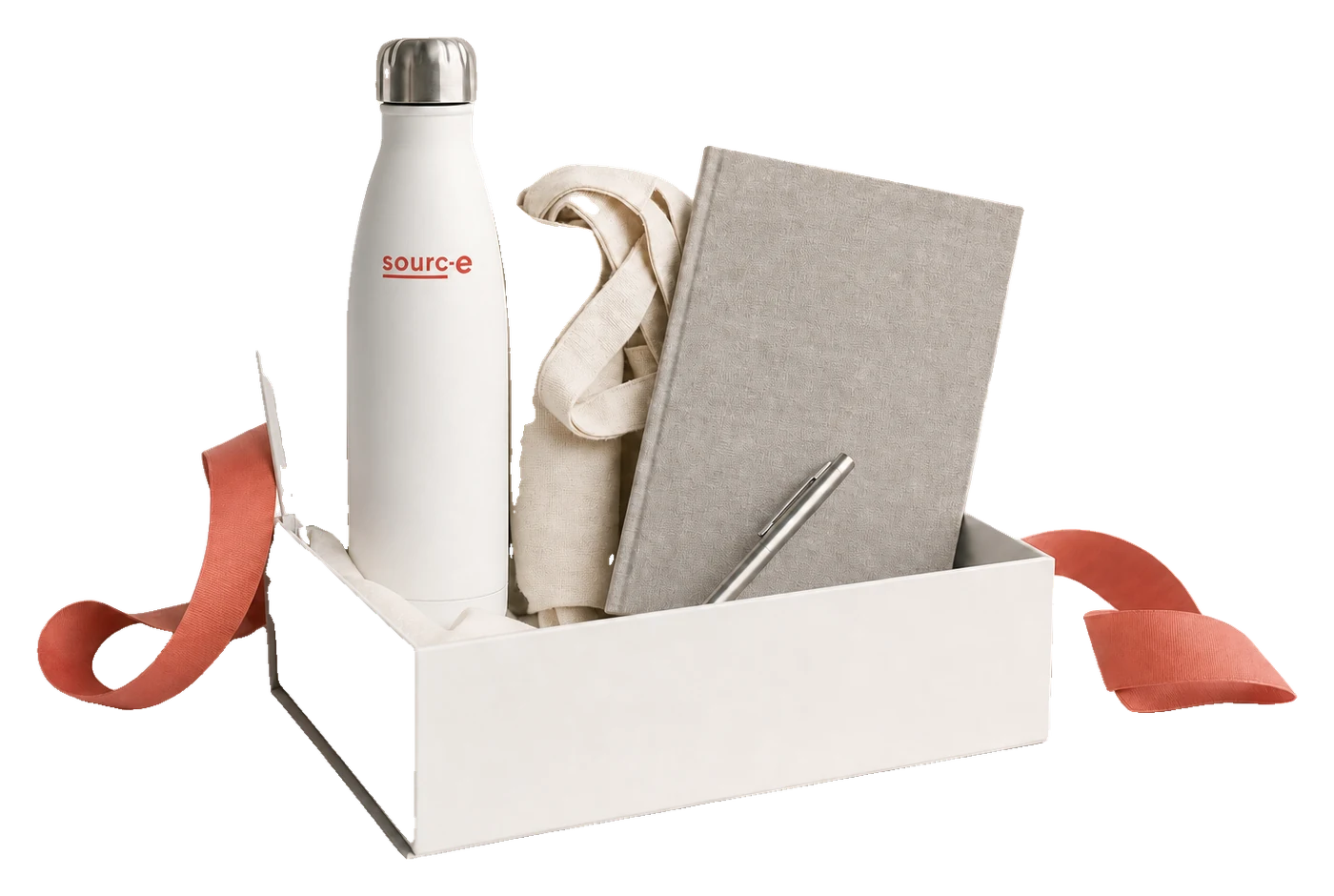 Willkommensbox mit Werbeartikeln: Thermosflasche, Notizbuch, Stoffbeutel und Kugelschreiber